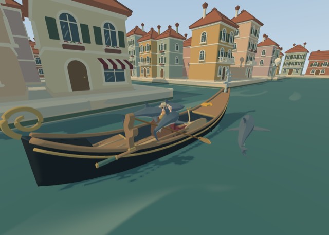 Four sharks, one gondola, one very worried tourist.